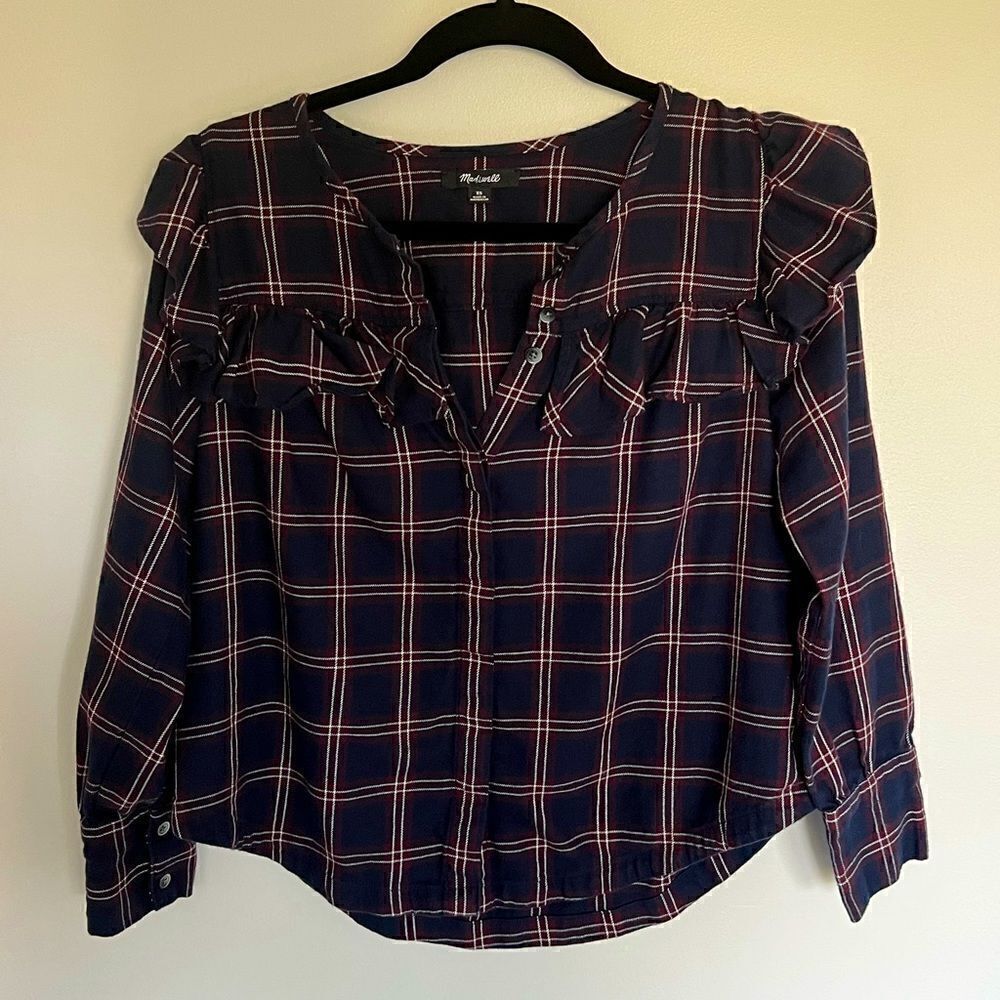*2/$30* Madewell size XS *runs big* navy and burgundy plaid ruffle yoke shirt
